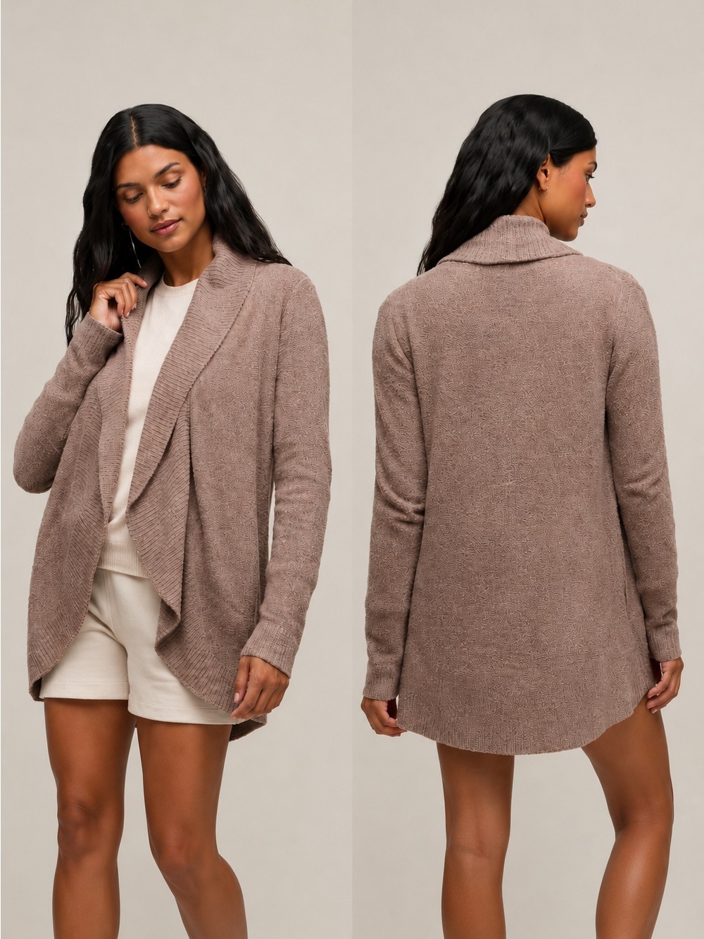Barefoot Dreams CozyChic Lite Circle Cardigan Taupe Open Front Sweater Medium